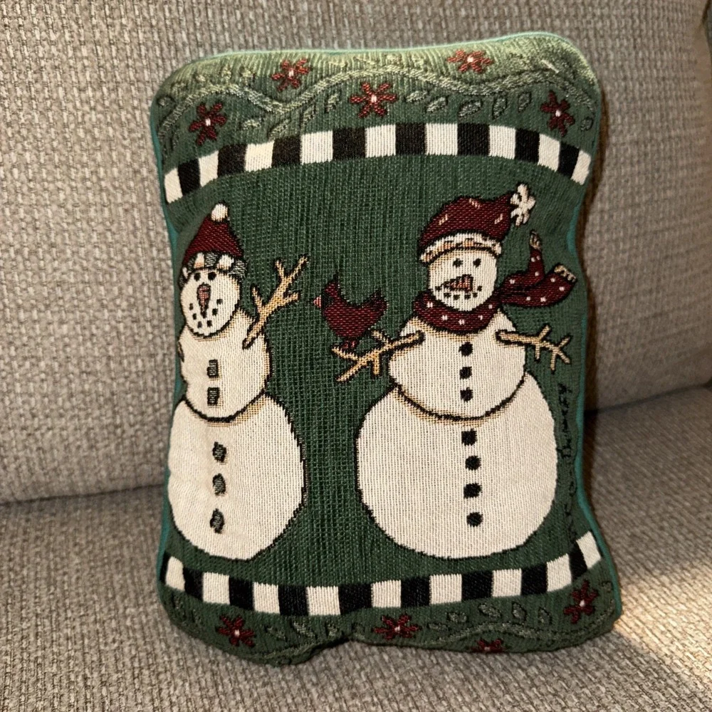 Decorative Small Snowman Accent Pillow Tapestry Holiday Design W Velvet Back